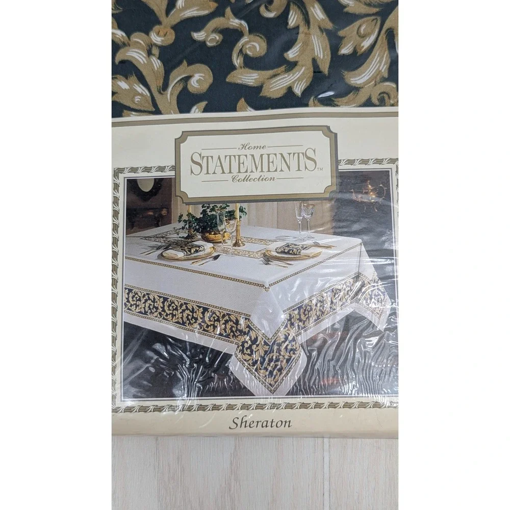 Statements Tablecloth 60x84 White Gold Black Sheraton Collection Baroque Floral